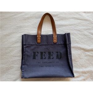 Charity Navy Canvas Feed Tote bag With Brown Real Leather Handles Two Pockets